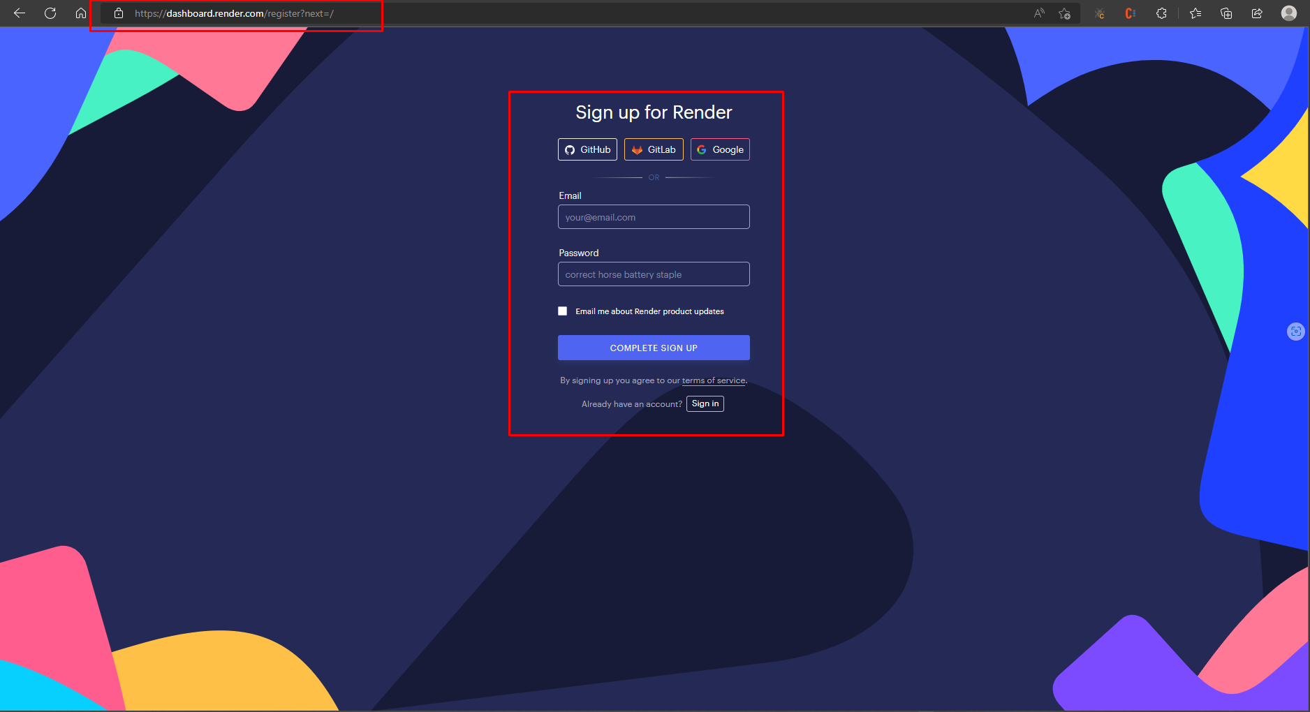 Render Sign up
